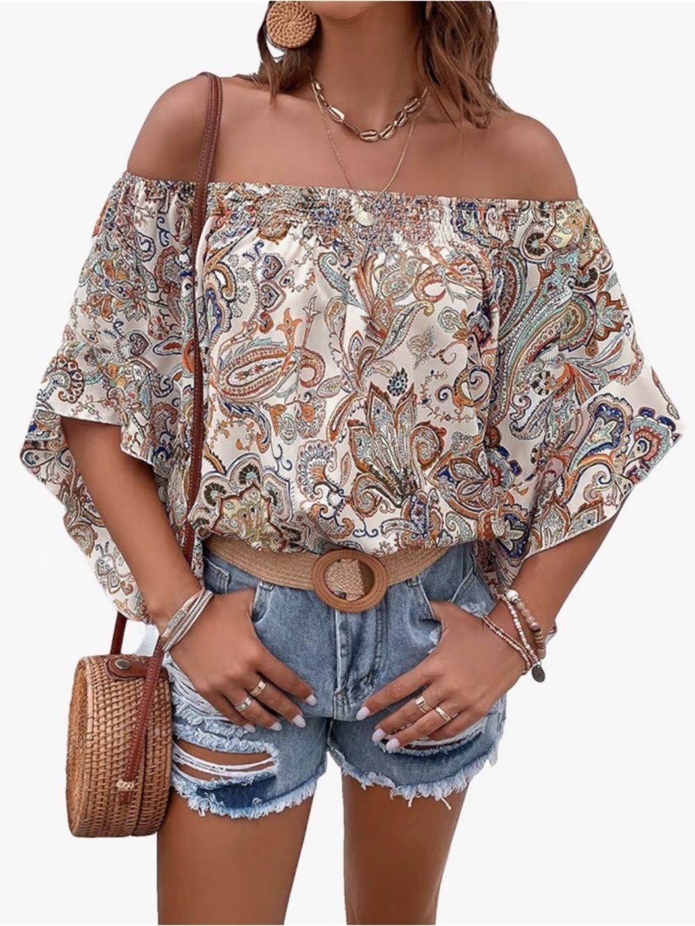 WDIRARA | Women's Paisley Print Off The Shoulder Flounce Sleeve Blouse size M